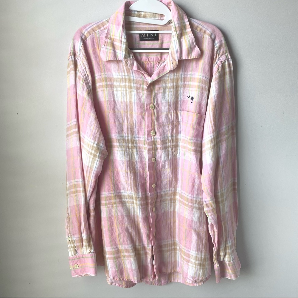 MINE London Milan New York Men’s 100% Linen Pink and Beige Button Up Plaid Shirt